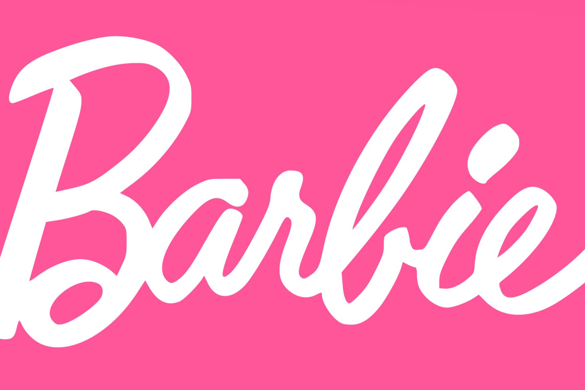 Logo de la marque Barbie en blanc sur fond rose.