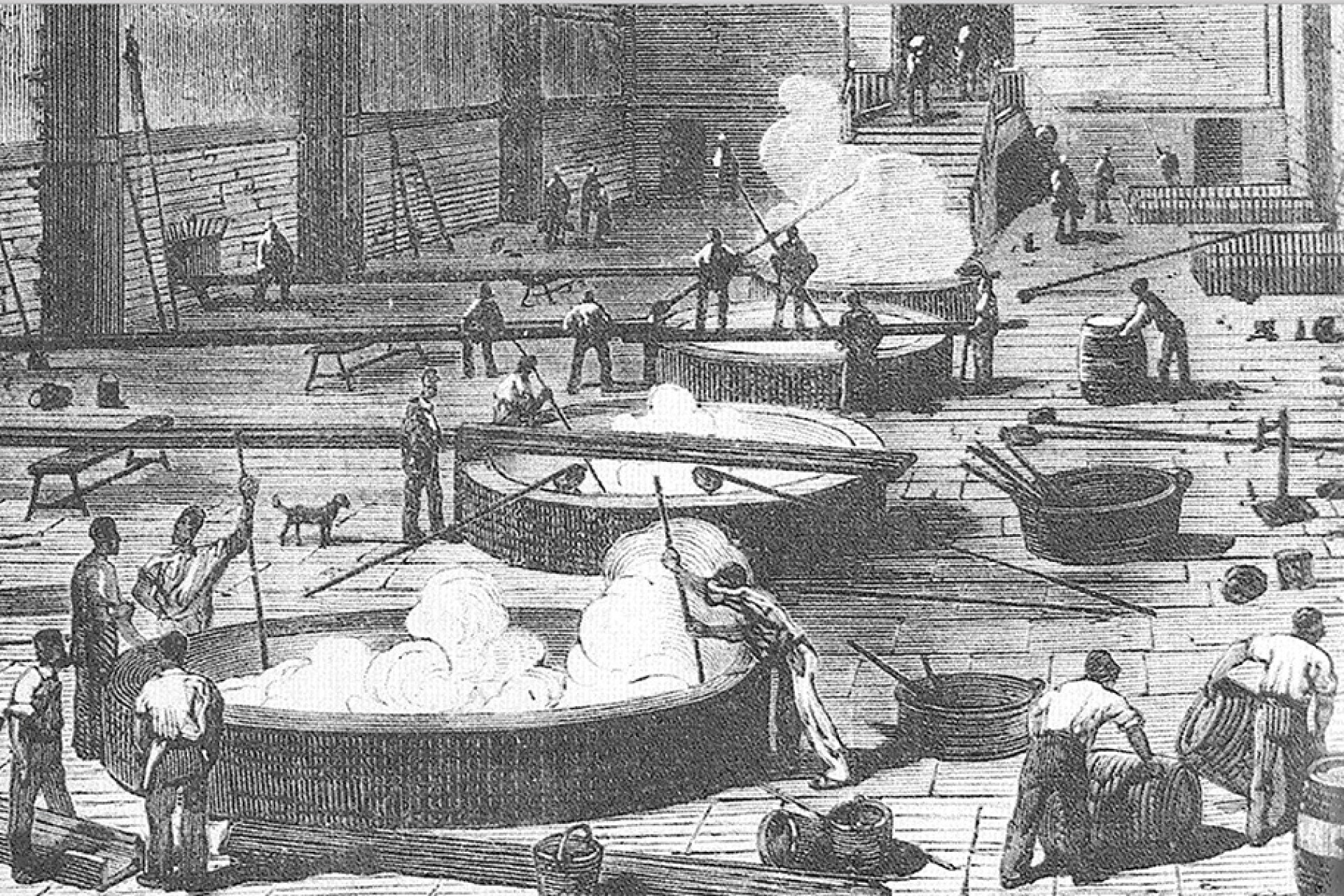 Illustration en noir et blanc de fabrication de savon en 1856