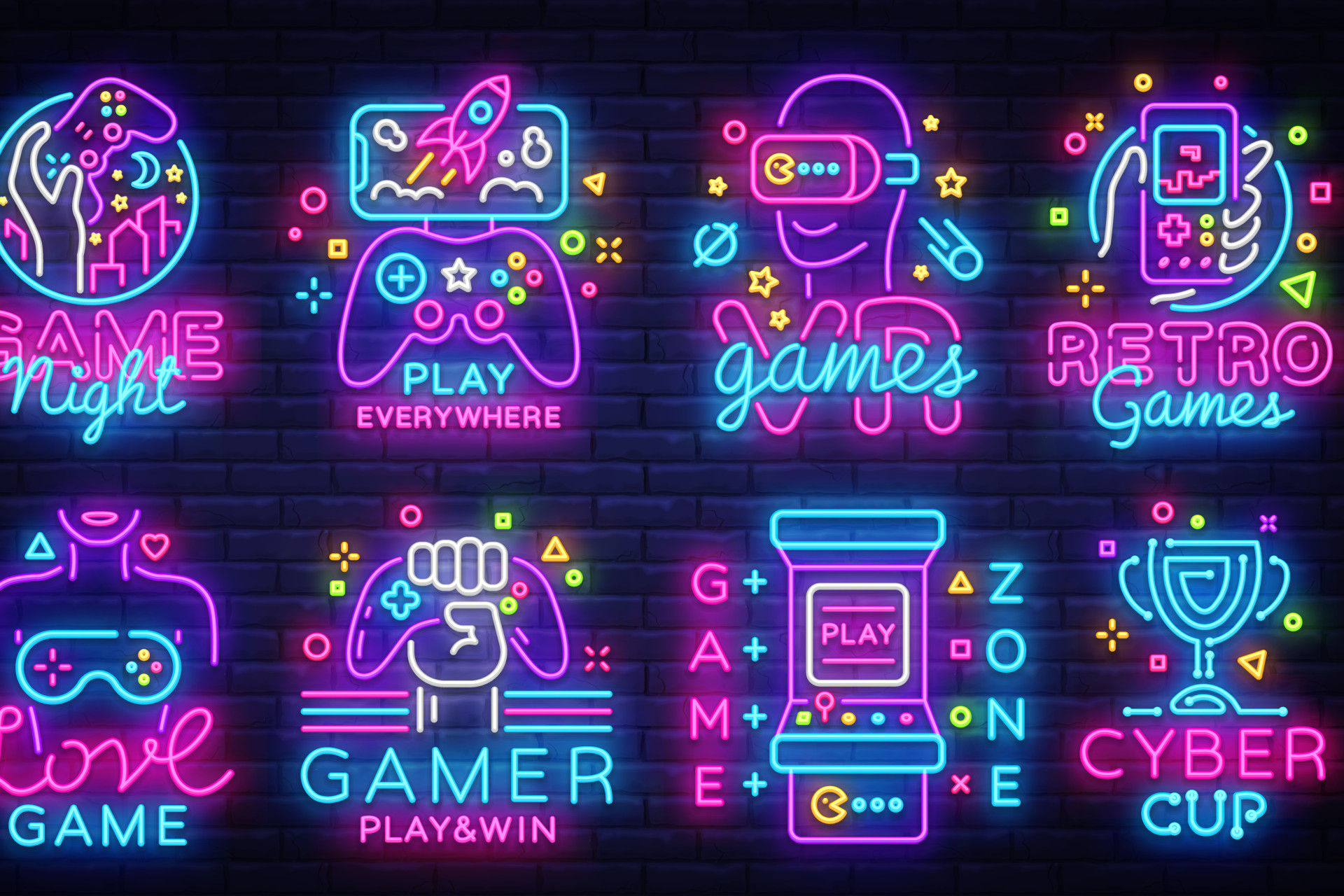 Pictogrammes en néons représentant différents types de jeux vidéo. 