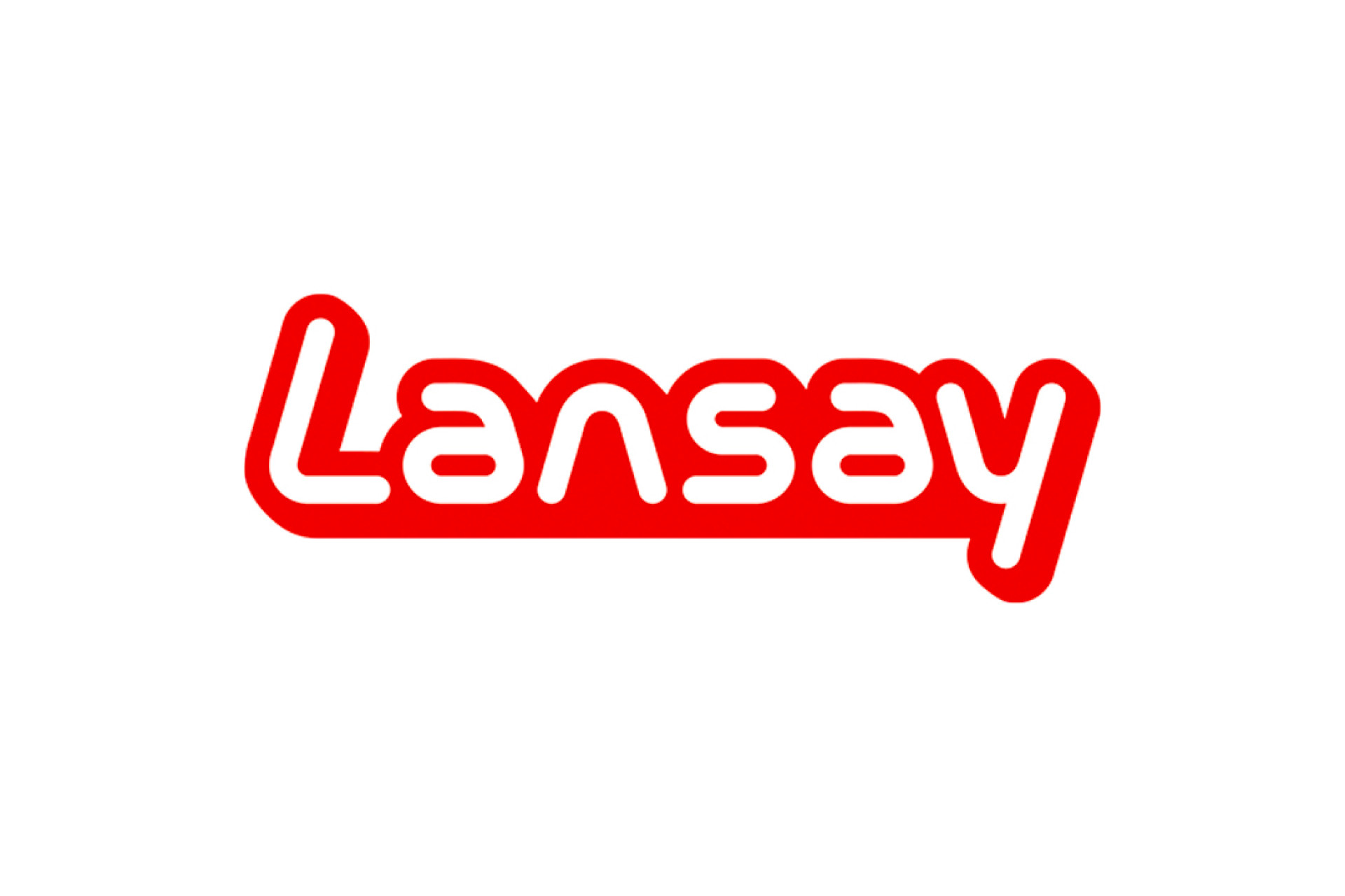 Logo de la marque de jouet Lansay en rouge sur fond blanc.