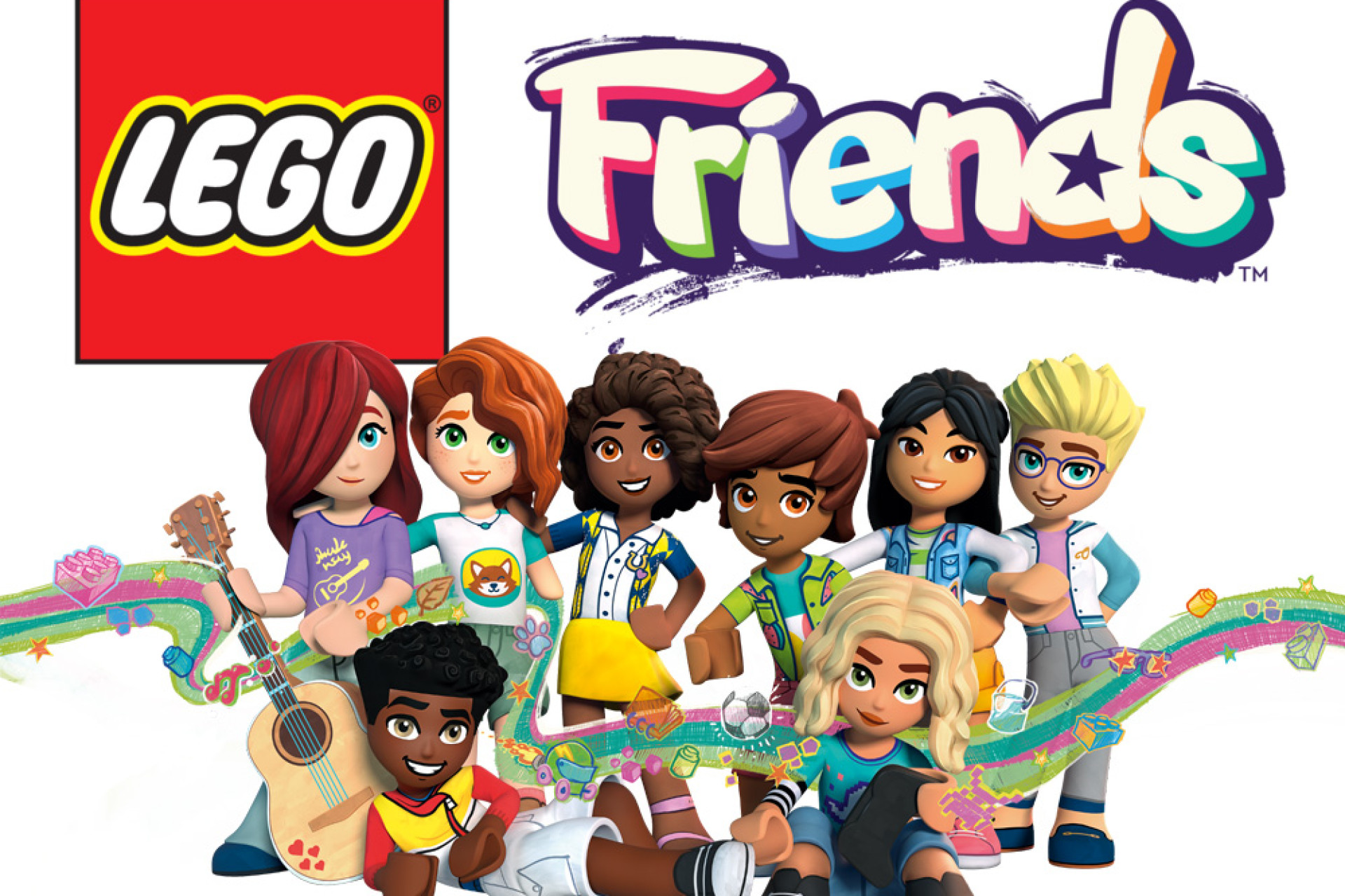 Les huits personnages de la nouvelles gamme Lego Friends 2023 : Aliya, Autumn, Leo, Zac, Liann, Olly, Paisley, Nova.
