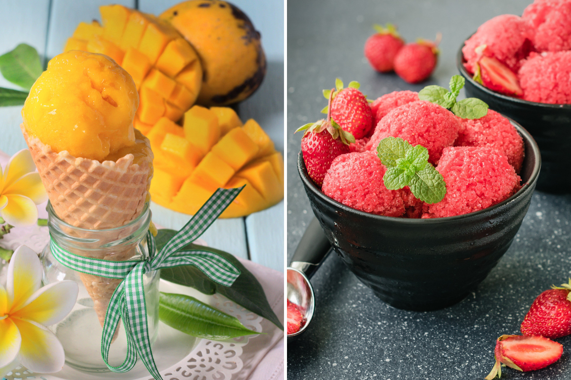Magnifiques sorbets fraise et mangue