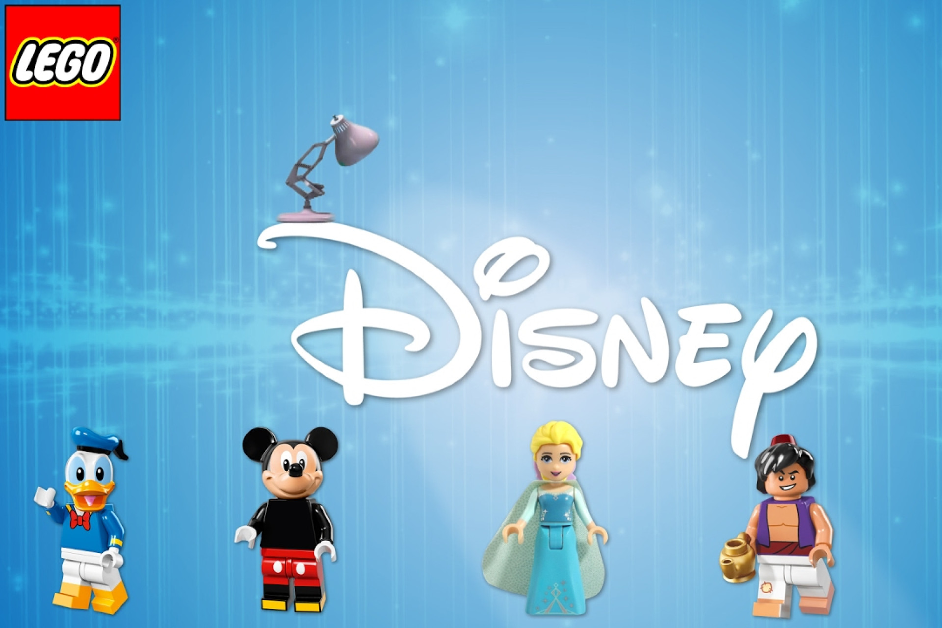 Logo de la marque Lego Disney avec les personnages d'Elsa, de Mickey, de Donald et d'Alladin