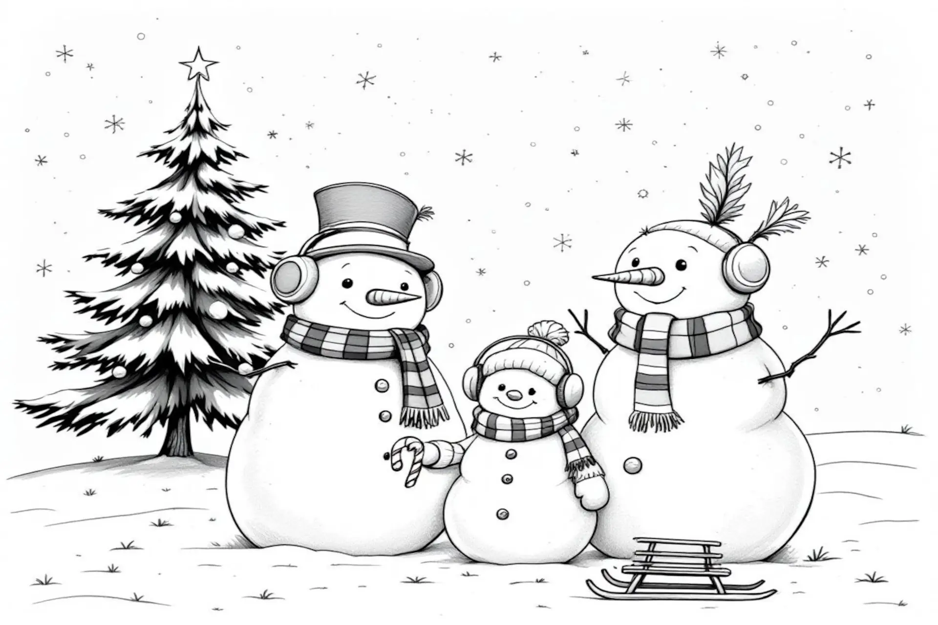 Une famille joyeuse de bonhomme de neige à colorier