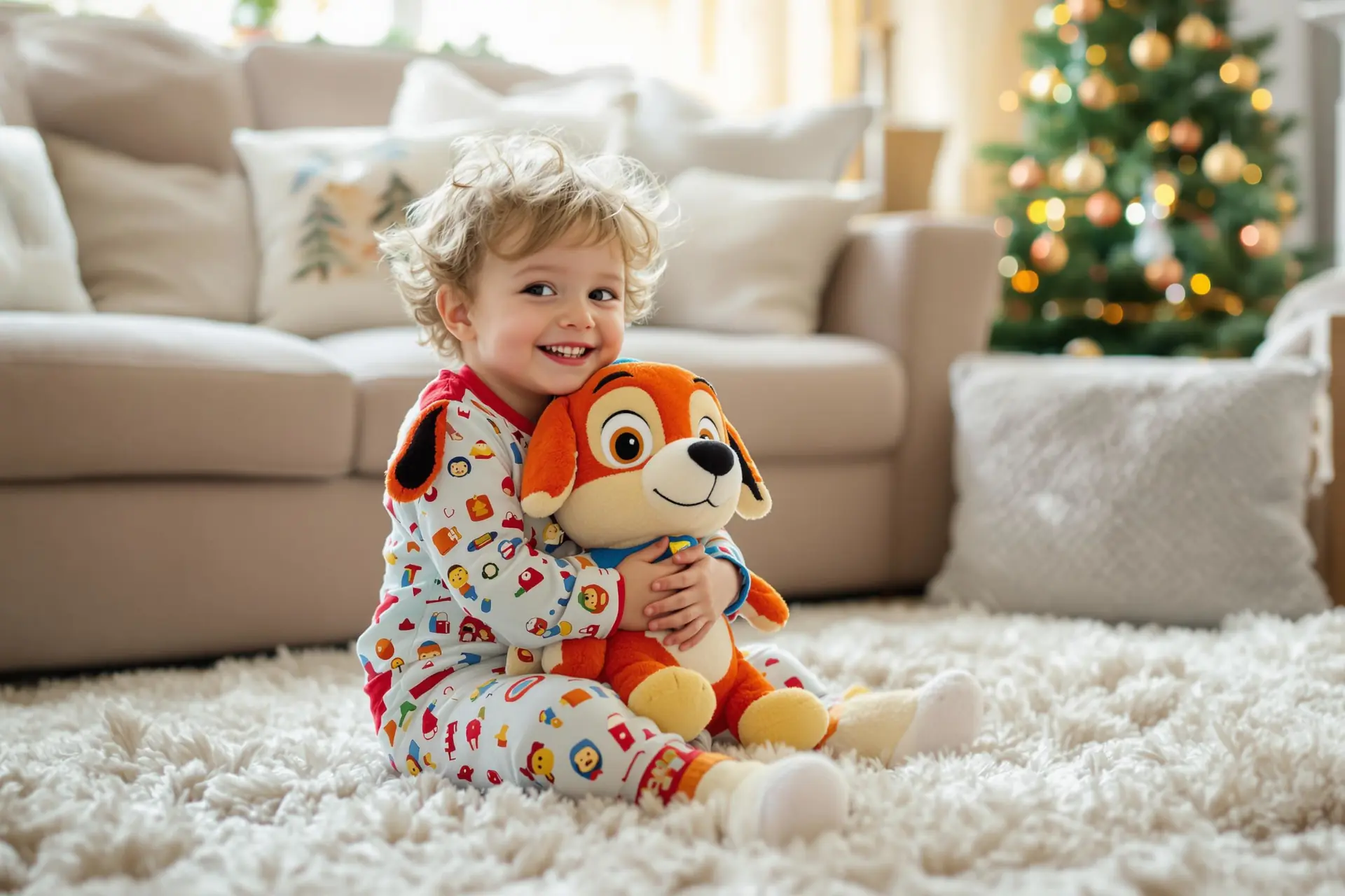 Un enfant heureux avec sa peluche chien dans les bras