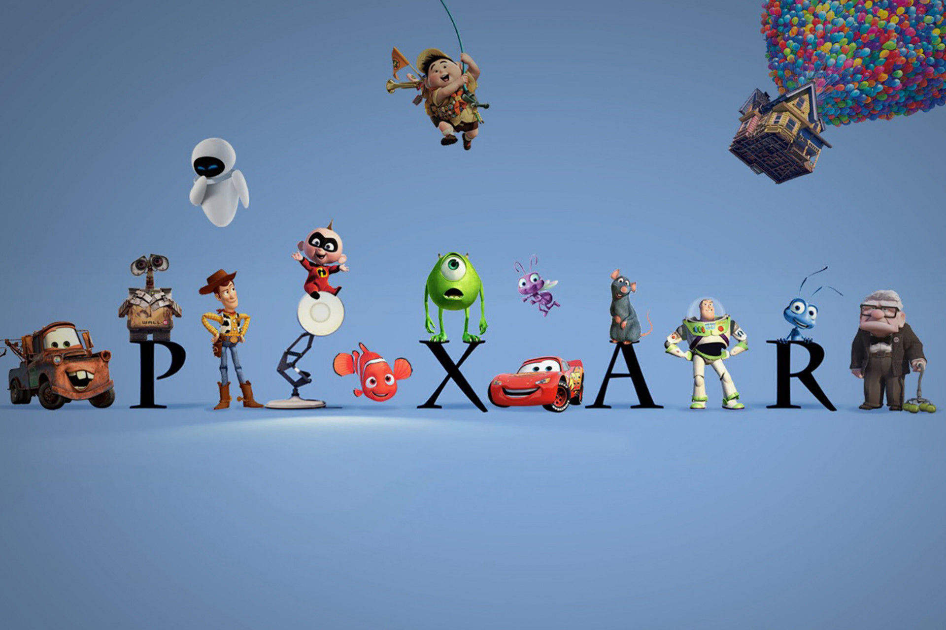 Affiche du studio Pixar avec ses personnages les plus connus.. 