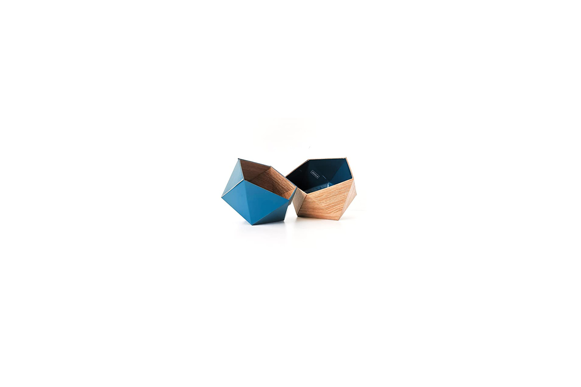 Boîtes origami Leewalia en bois chêne et bleu pétrole