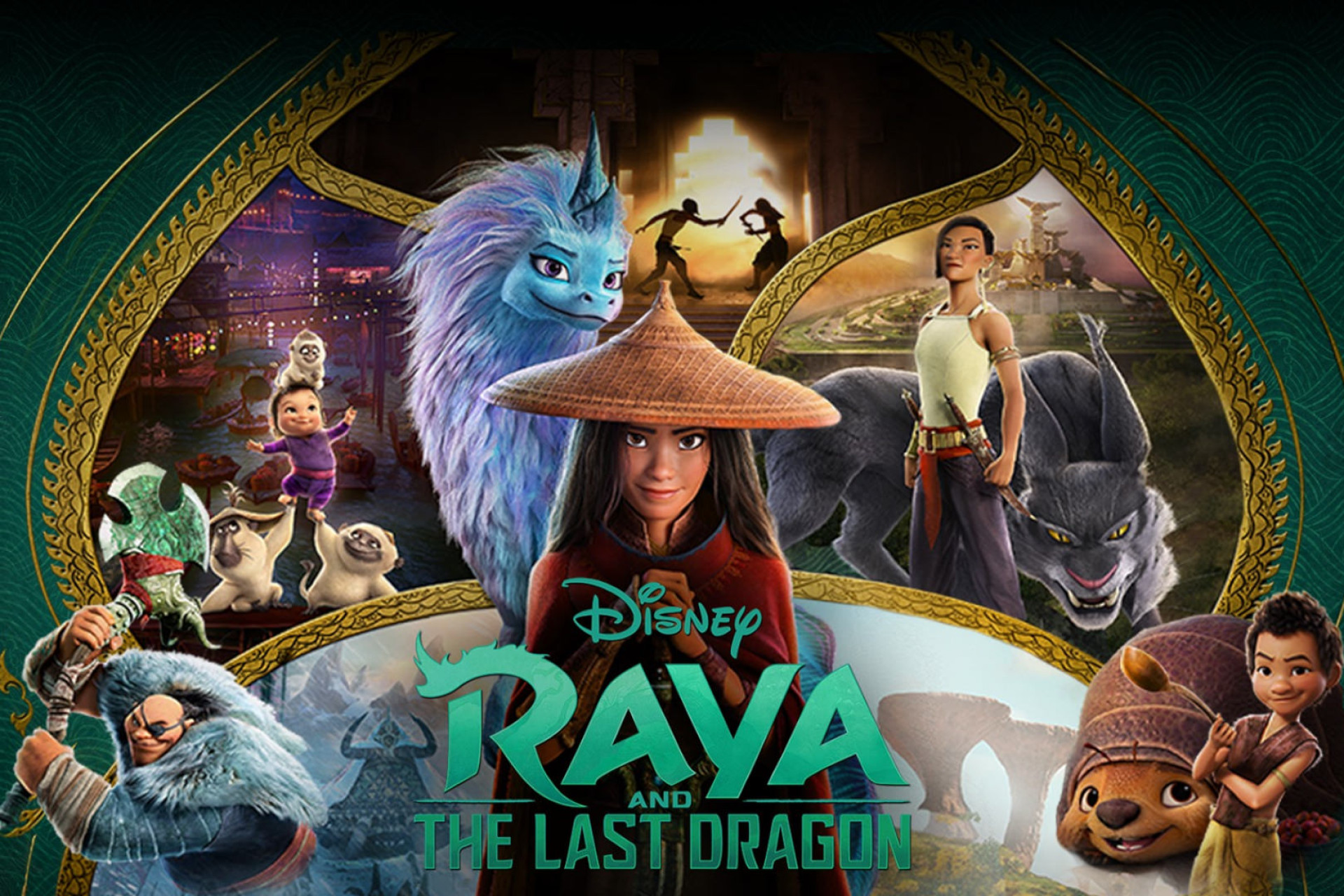 Affiche du film Raya et le dernier dragon avec tous les personnages importants.