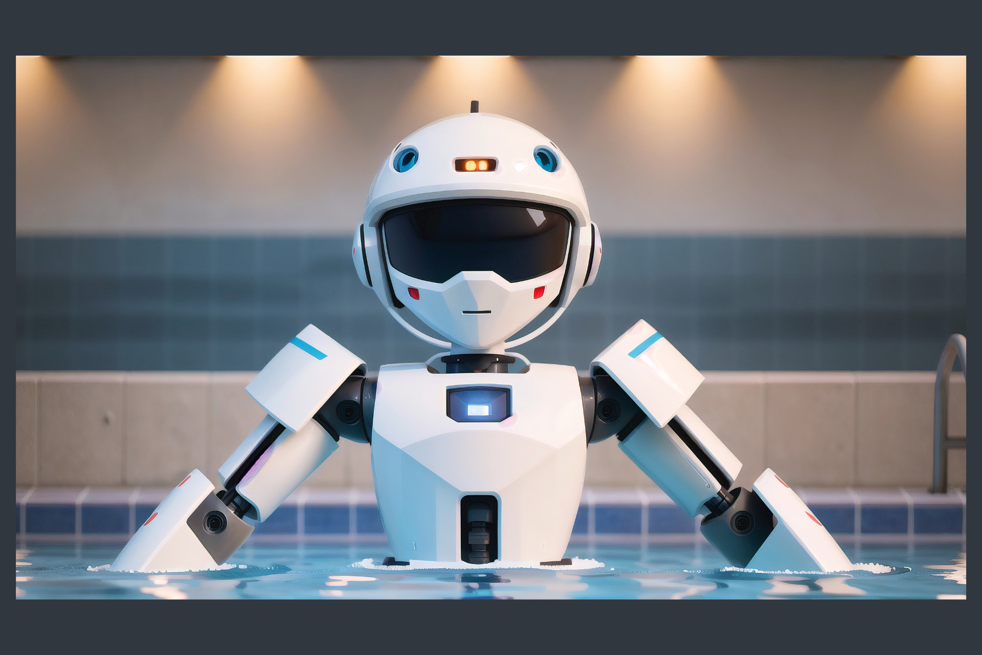 Image humoristique avec un robot humanoïde dans une piscine