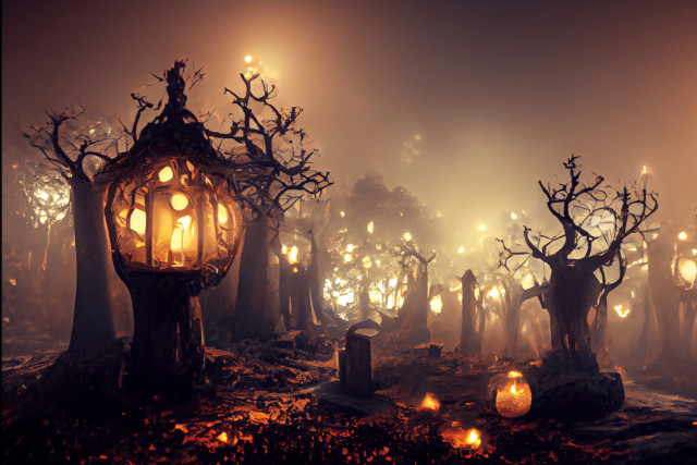 Forêt illuminée pour la fête de Samhain