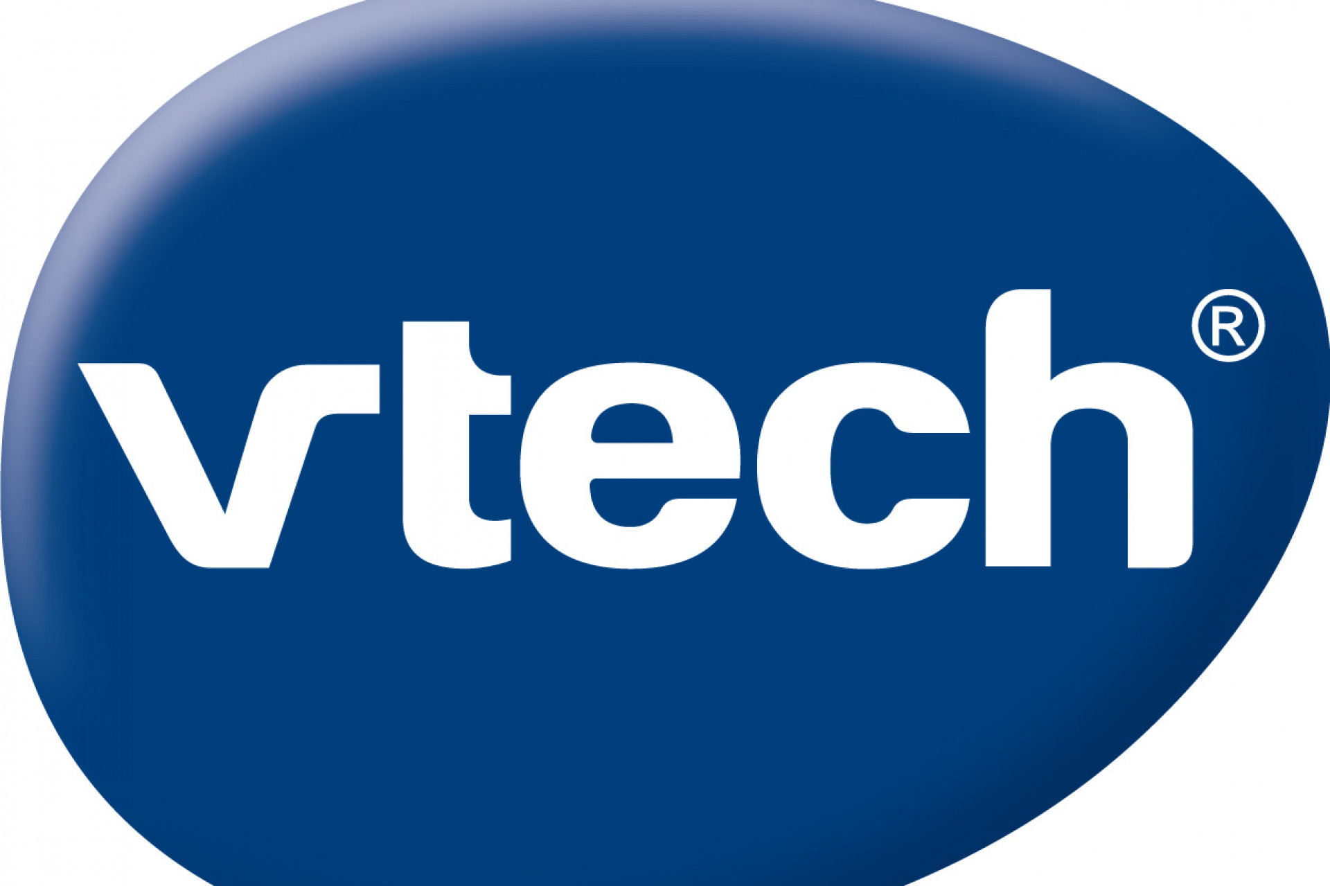 Logo de la marque V-tech en blanc sur fond bleu. 