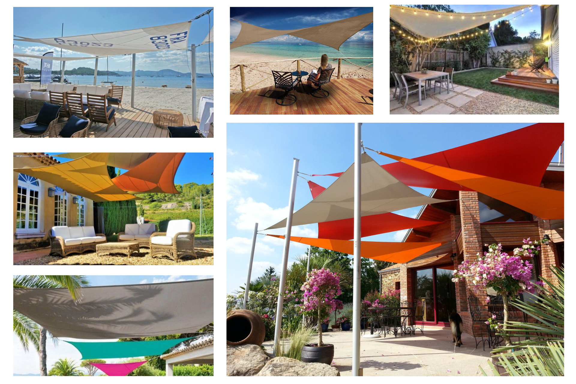 Patchwork de photos de voiles d'ombrage dans des jardins